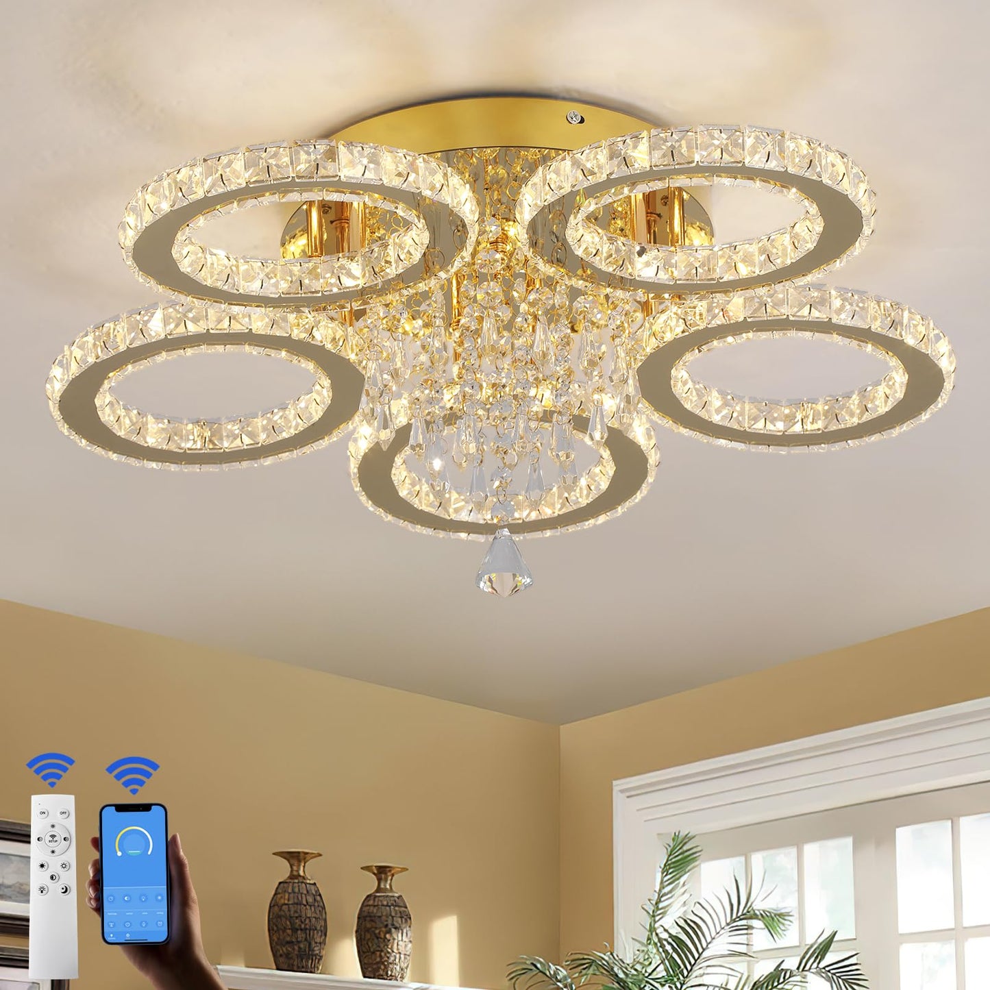 VETRULUS Modern Crystal LED Chandelier, 5-Ring Gold Flush Mount Ceiling Light Fixture for Bedroom, Dining Room, Living Room, Hallway – Dimmable