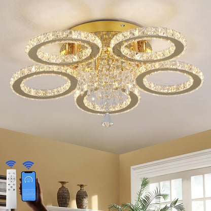 VETRULUS Modern Crystal LED Chandelier, 5-Ring Gold Flush Mount Ceiling Light Fixture for Bedroom, Dining Room, Living Room, Hallway – Dimmable