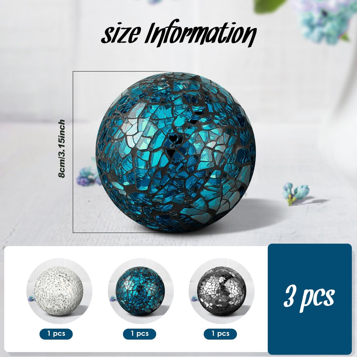 Cunhill 3 Pieces Decorative Glass Balls 3 Inch Mosaic Glass Orbs Sphere Centerpiece Balls Decorative for Bowls Vases Dining Tables Wedding Party (Silver,Turquoise,Black)