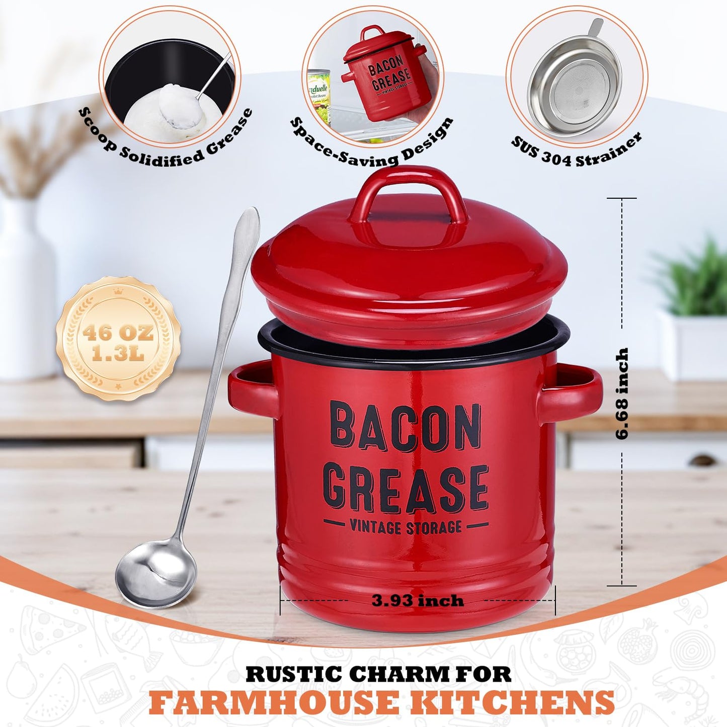 ONEARF Bacon Grease Container with Strainer - Large 46OZ Red Kitchen Oil Storage Can, Food Saver Bin with Lid | Farmhouse Cooking Pot Keeper Collector, Dishwasher Safe - Red