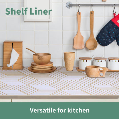 Shelf Liners for Kitchen Cabinets 17in x 30FT, Non Adhesive Cabinet Liner Strong Non-Slip Golden Leaf Drawer Liner, Easy to Clean for Shelf, Cabinet with Knife and Tape Measure