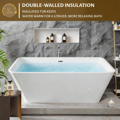 59" Freestanding Acrylic Soaking Tub, Large Bathtub, Contemporary Stand-Alone Bathroom Tub with Non-Slip Surface, Overflow and Drain Included, Deep Bathtub for Home Spa