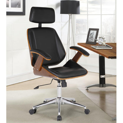 Armen Living Century Office Chair in Black Faux Leather and Walnut Wood, Chrome Finish