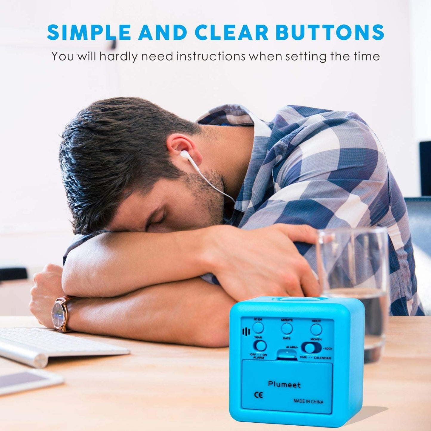 Plumeet Digital Alarm Clock for Kids, Snooze and Nightlight, Easy Setting Silicone Clock, Battery Powered (Blue)