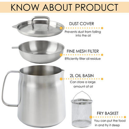 50oz 304 Stainless Steel Oil Filter Pot, Heavy Duty Bacon Grease Container & Deep Fryer Basket, Large Capacity Multi-function Oil Filter Vessel with Strainer for Kitchen Storing Frying Cooking Grease