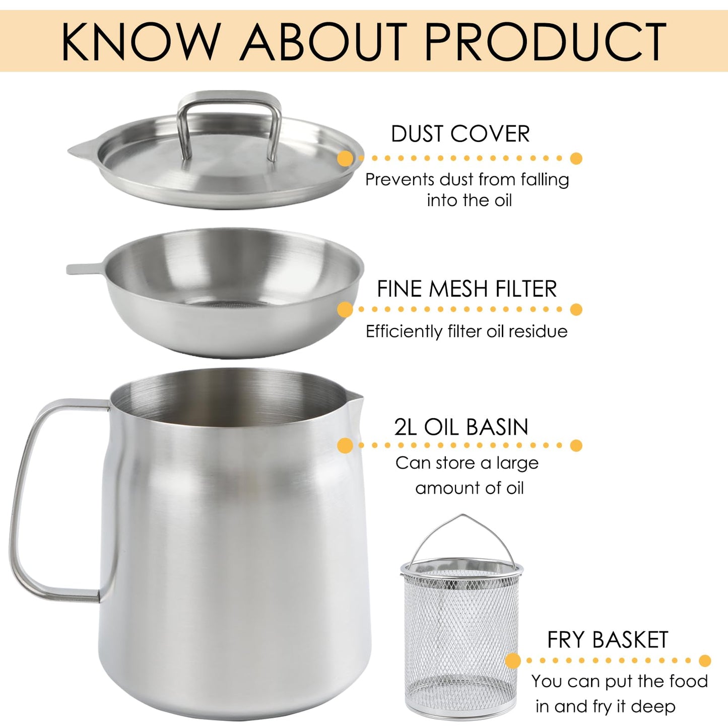 68oz 304 Stainless Steel Oil Filter Pot, Heavy Duty Bacon Grease Container & Deep Fryer Basket, Large Capacity Multi-function Oil Filter Vessel with Strainer for Kitchen Storing Frying Cooking Grease
