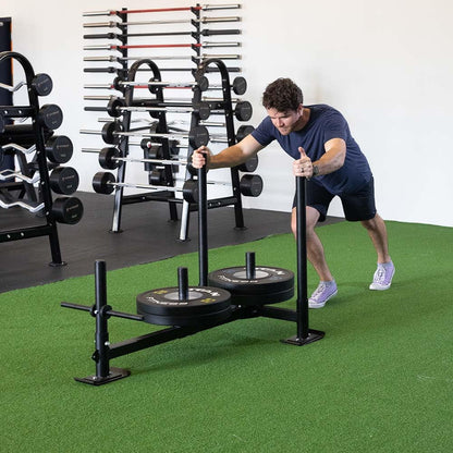 Titan Fitness High-Low Push Pull Drag Sled for Speed Training and Agility, 600 LB Capacity, Use on Grass, Turf, Concrete or Asphalt, Fits Olympic Weight Plates (Sled with (3) UHMW Plastic Ski Liners)