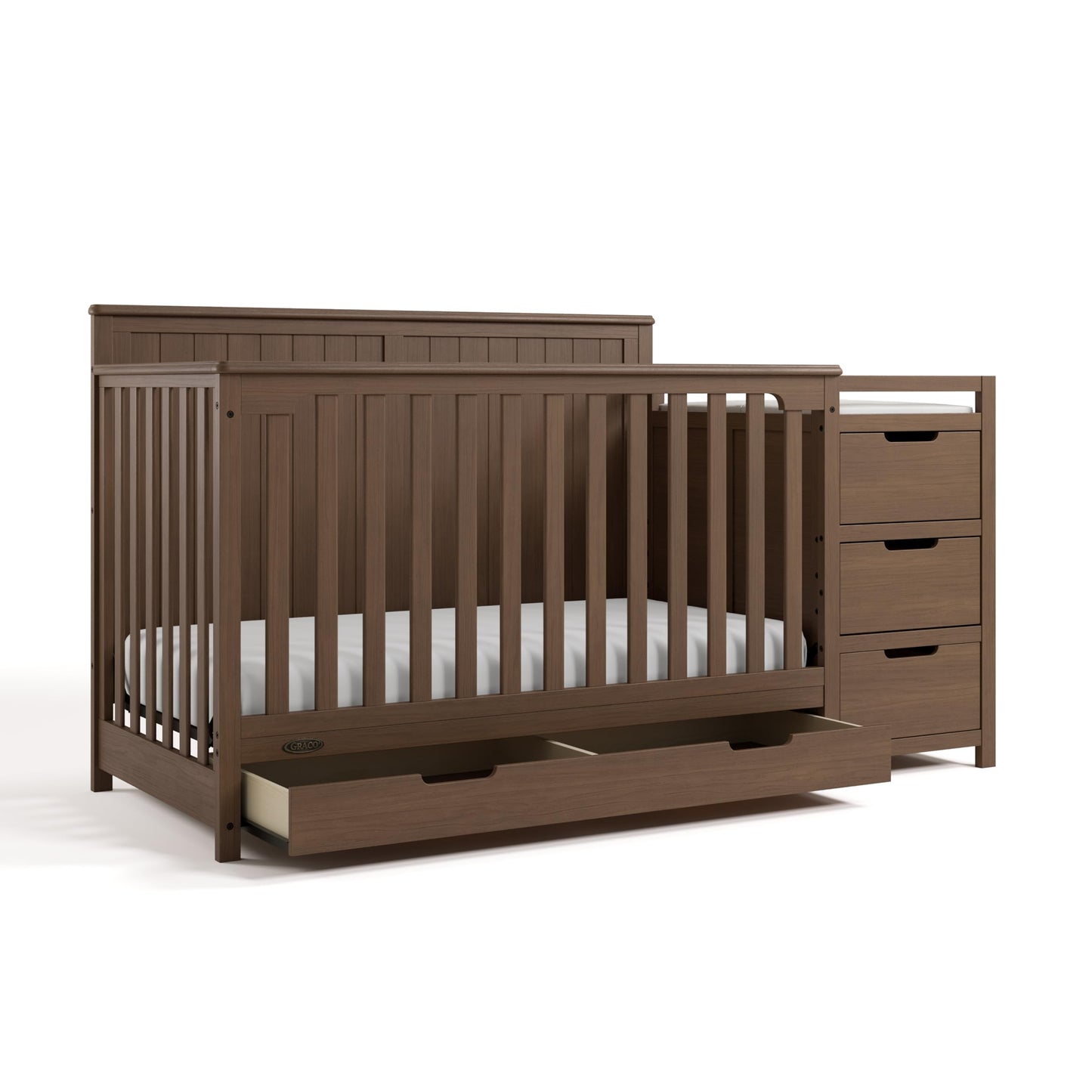 Graco Hadley 5-in-1 Convertible Crib & Changer – GREENGUARD Gold Certified, Fits Standard Crib Mattress, Converts to Toddler Bed and Full Bed, 4 Adjustable Mattress Heights (Hazelnut)