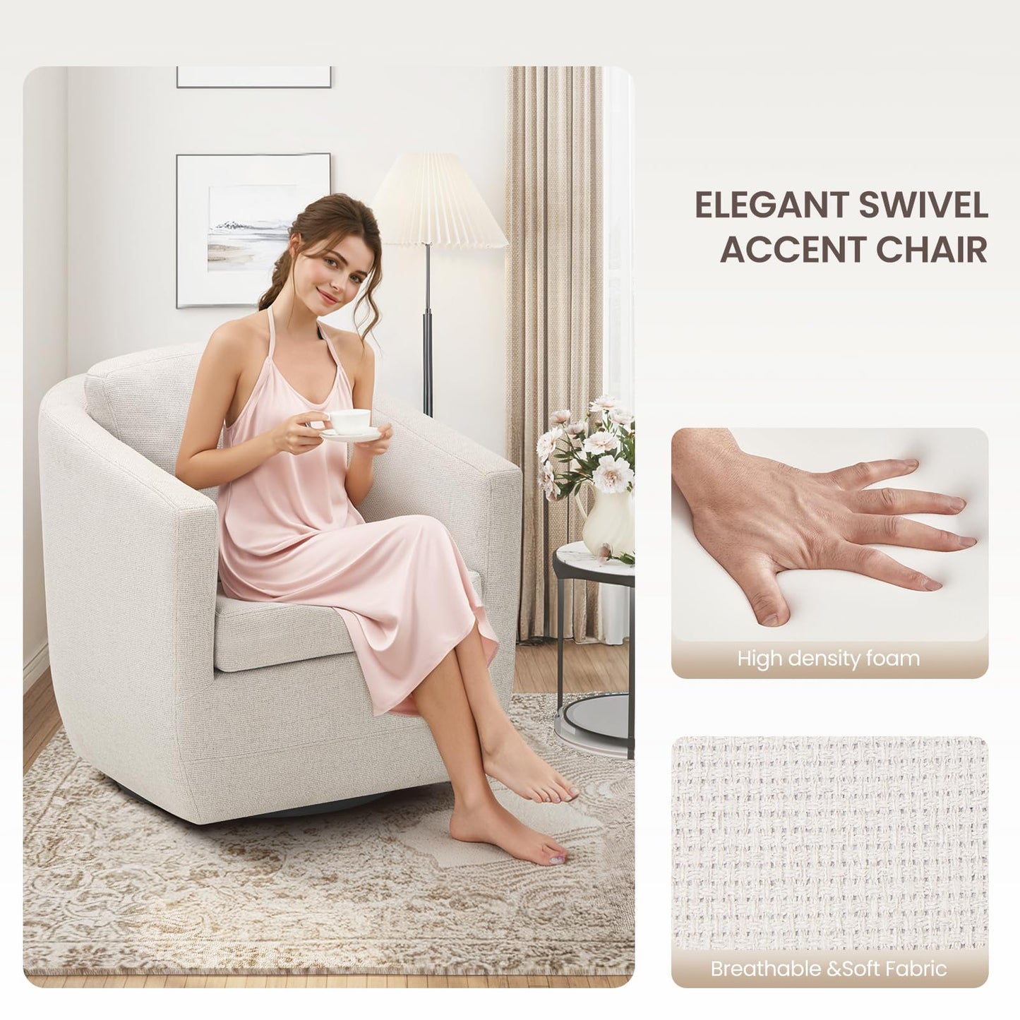 COLAMY 360° Swivel Accent Chair Set of 2 No-Sag Foam & Sturdy Metal Base, Fully Assembled Living Room Armchair with Pillow, Swivel Accent Single Sofa for Bedroom Living Room, Reading Room, Beige