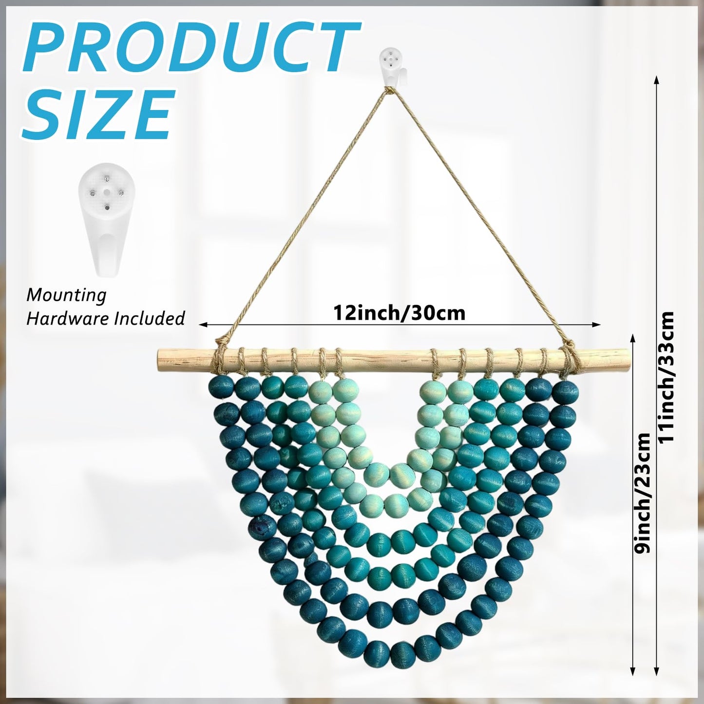 Boho Chic Wooden Bead Garland Wall Hanging Tapestry, Handcrafted Home Décor Inspired by Nature, Suitable for Living Room, Bedroom, Entryway, Nursery, Apartment & Dorm (Coastal Breeze Ombre, 12 inches)