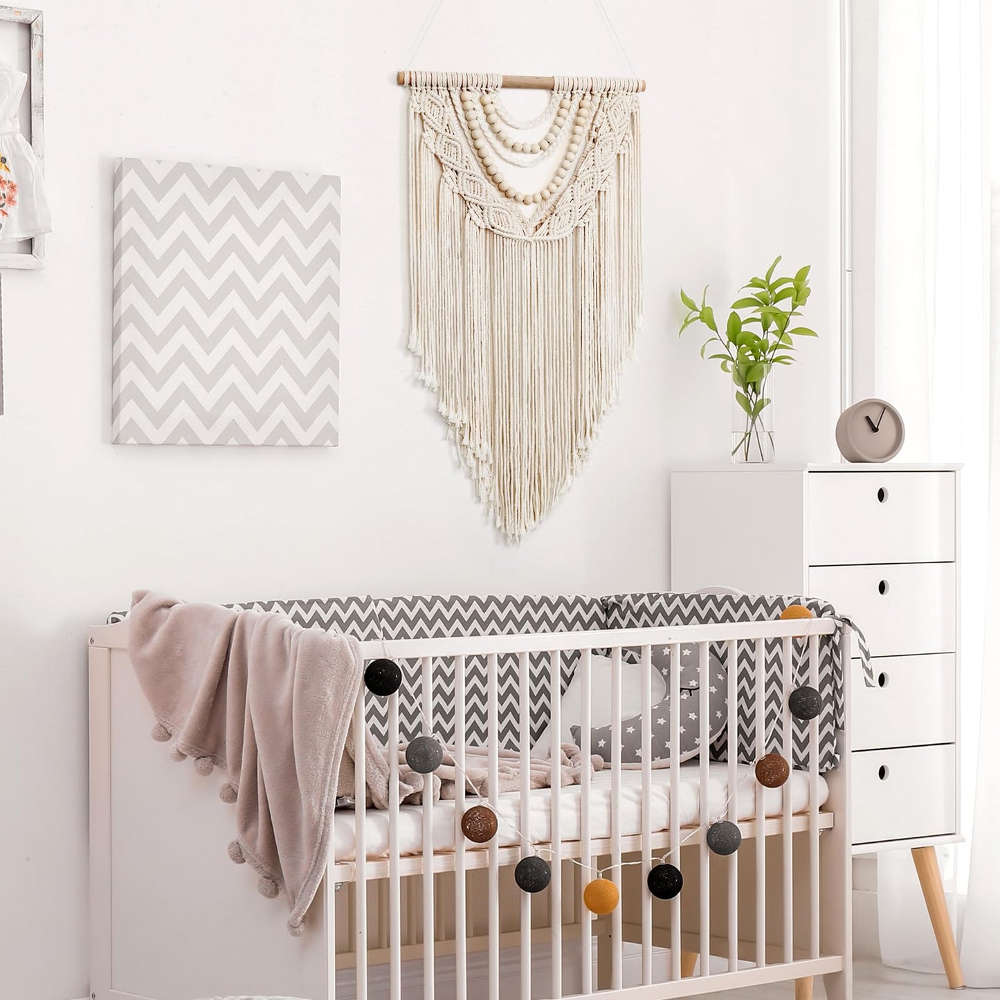 LOMOHOO Macrame Wall Hanging Boho Handmade Geometric Woven Tapestry Bohemian Wall Art Decor with Chic Wooden Beads Home Decor for Bedroom Living Room Apartment Dorm Gallery Wedding 16.5"x30"