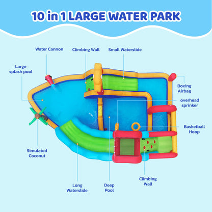 ELEMARA Inflatable Water Slide Bounce House, 10 in 1 Inflatable Water Park with Blower, 2 Slides & 2 Climbing Walls & 2 Water Guns, Deep Pool Giant Splash Pool, Water Slides for Kids Backyard for 6