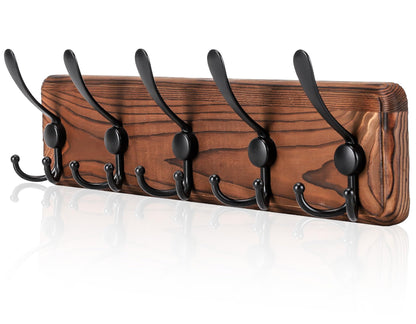 Gohiuo Rustic Wall Mount Coat Rack, Coat Hooks Wall Mount Wood Coat Rack with 5 Triple Hooks, Heavy Duty Wooden Wall Mounted Coat Hanger for Entryway, Farmhouse Hanging Coats, Hats, Bags,Towels