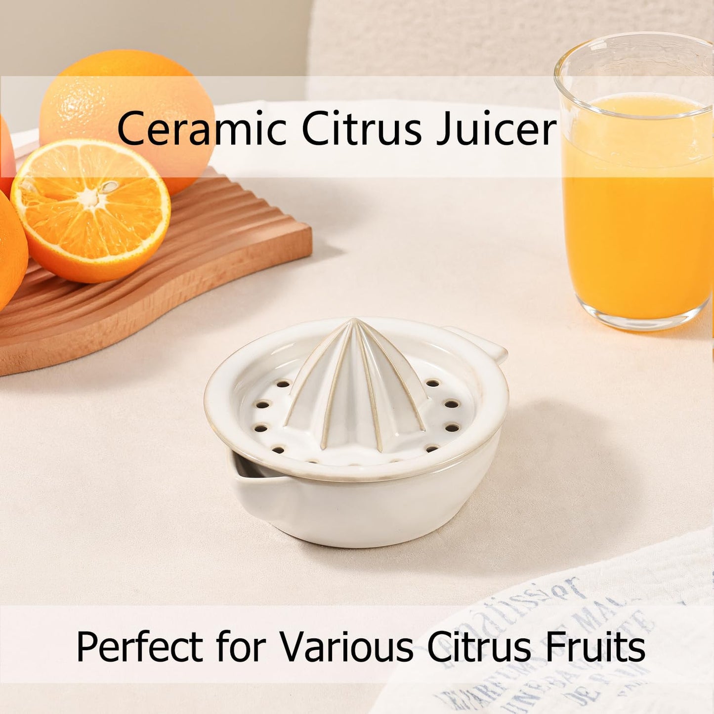 Ceramic Citrus Lemon Orange Juicer Manual Squeezer, Hand Juicer Reamer Rotation Press with 6.8oz Bowl, Strainer Lid, Spout, Handle, Dishwasher Safe, Easy to Clean
