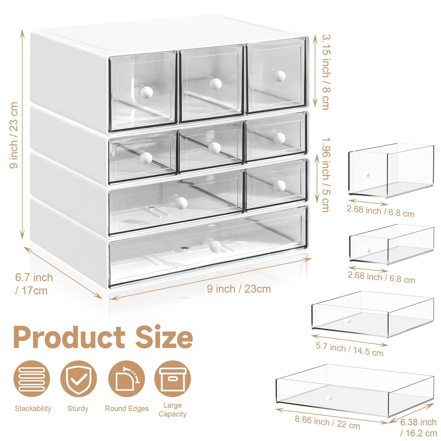 AZ. MIFENO Desk Organizer with 9 Drawers, 4 Tiers Stackable Storage Drawers, Desktop Storage Box with Clear Drawers for Stationery, Makeup, Jewelry, Office and Craft Supplies (White)