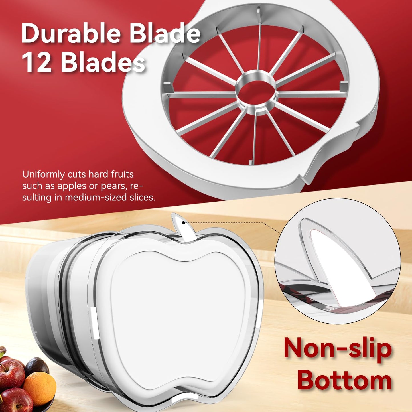 NEW Professional Apple Slicer and Corer 6.42in- Stainless Steel Apple Cutter with 12 Slices, Heavy Duty Design for Large Apples, Thin Slices, Compatible with Pears and Other Fruits（White）