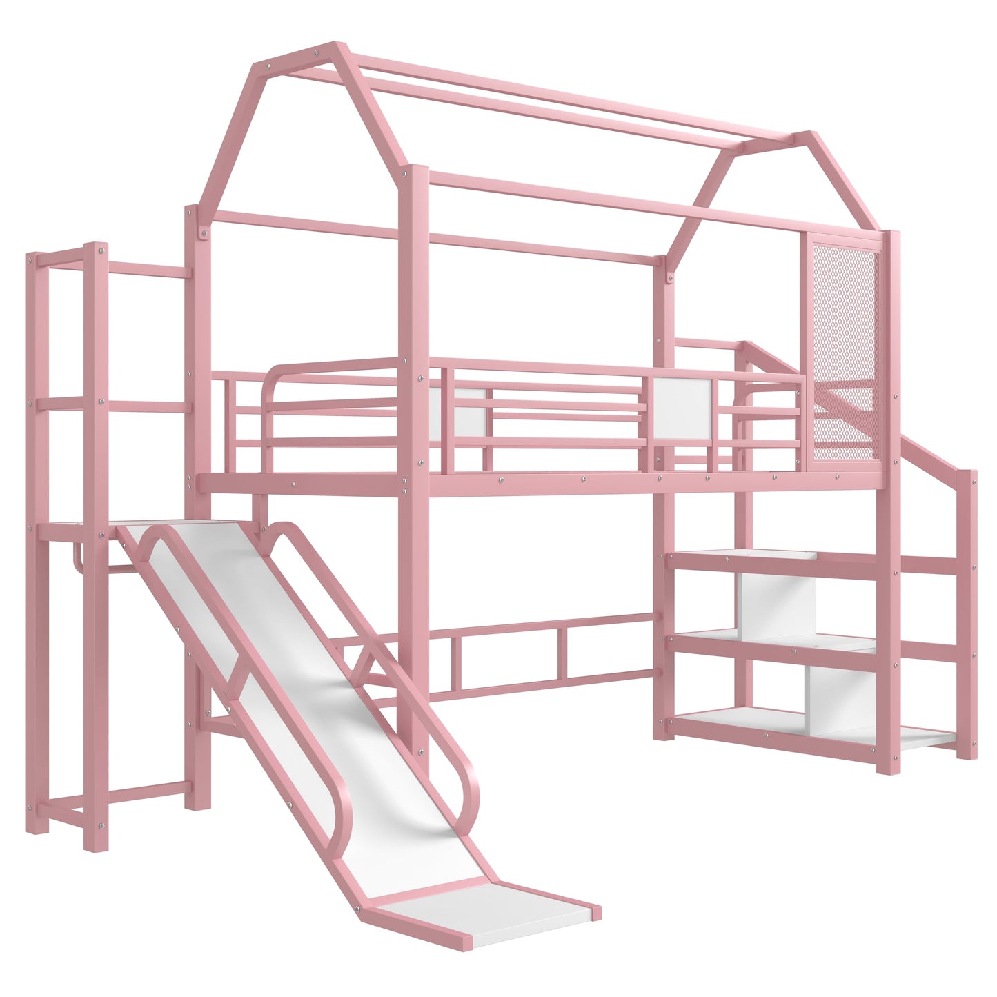 Bellemave Twin Size Metal House Loft Bed with Slide and Stairs,Heavy Duty Playhouse Loft Bed Frame with Storage Shelves for Kids,Teens,Adults,Pink