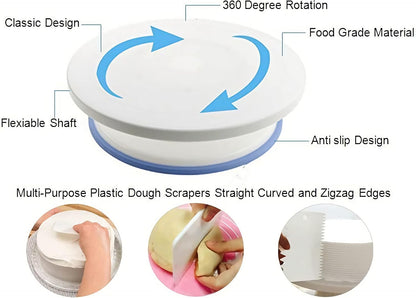 KNC 11 Inch Rotating Cake Turntable with 3x Icing Smoother, Cake Decorating Tools, White Baking Supplies