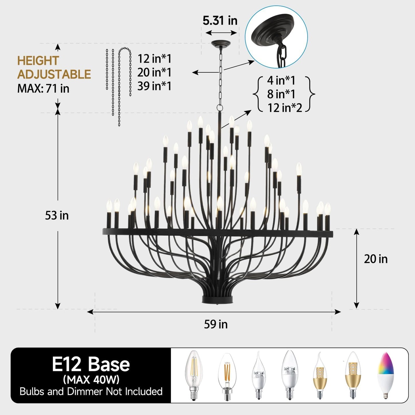 VBKK 60" 48-Light Extra Large Chandelier, Black Foyer Chandeliers for High Ceilings, Modern Farmhouse Light Fixtures for Dining Room Kitchen Island, E12 Vintage Rustic Industrial Candle Chandeliers
