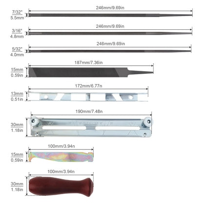 Windance 8pcs Saw Teeth Sharpening Set, 5/32 3/16 7/32 Inch Round Files 6 Inch Flat File Depth Gauge Filing Guide Wood Handle Chainsaw Sharpener File Kit