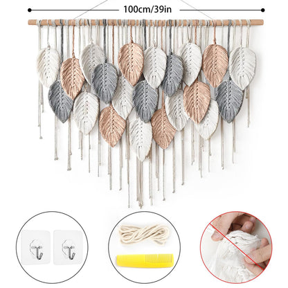 Alynsehom Large Macrame Wall Hanging, Boho Woven Tapestry, Chic Modern Bohemian Handmade Leaf Feather Wall Art Home Decor for Apartment Dorm Living Room Bedroom Nursery Backdrop (39" W X 29.5" L)