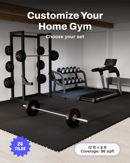 AIRHOP 0.56in Thick 96 Sq Ft Exercise Equipment Mats, 24 Tiles Upgraded Rubber Top with High Density EVA Foam, Large Interlocking Puzzle Gym Flooring for Home Gym, Heavy Weight Workout,Black
