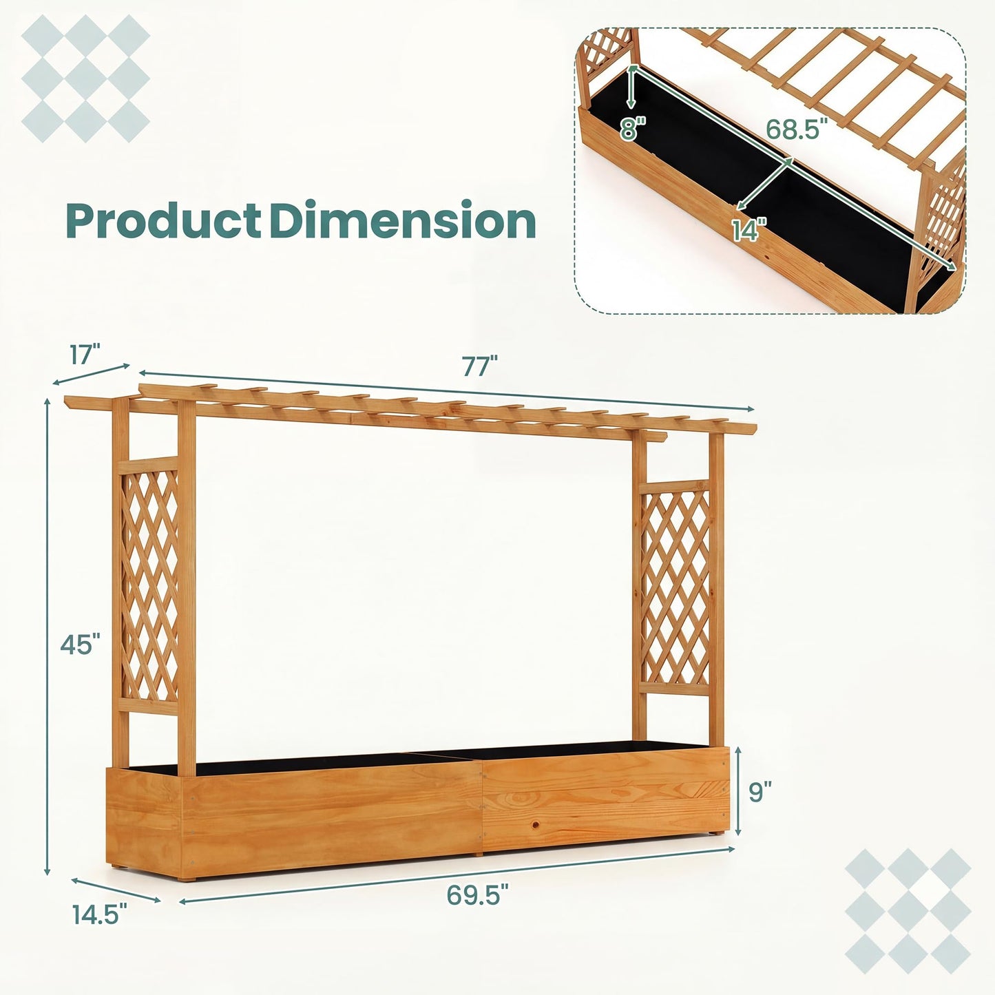 HAPPYGRILL Raised Garden Bed with Trellis, 2 Pack Freestanding Wood Planter Box w/Hanging Roof & 8 Drainage Holes for Vine Climbing Plants Flowers, Outdoor Planter with Trellis for Garden Patio Yard