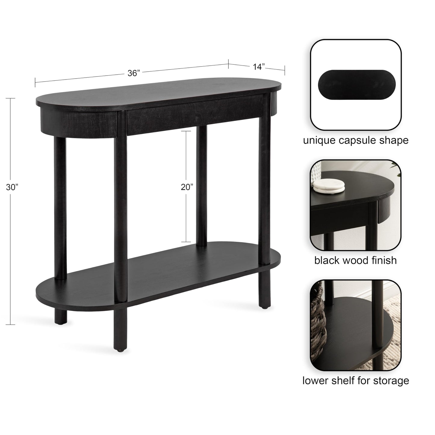 Kate and Laurel Koji Modern Tiered Rectangular Console Table; 36 x 14 x 30; Black; Transitional Two-Tier Wood Capsule Entryway Table with Storage for Use as Living Room Behind Couch Decor