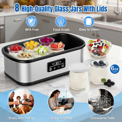 Yogurt Maker with 8 Glass Jars, Yogurt Maker Machine with Adjustable 1-48H Time & Temp Control, Make Healthy Yogurt with Full Probiotics