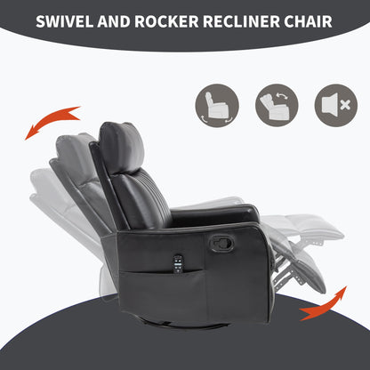 KEIKI 4-in-1 Manual Swivel Rocker Recliner Chair for Living Room, Faux Leather Nursery Glider Rocking Chairs with Back Massager & Heat, Tailored for Quiet Afternoon Tea Relaxation Moments, Black