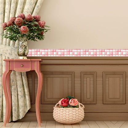 IVN Wallpaper Border Peel and Stick Decorative Wall Trim Self Adhesive Pink White Glossy Mosaic Pattern Accent Strip for Bathroom Laundry Room Pool Area Mirror Frame Shelf Wall Edge 4x196 Inch