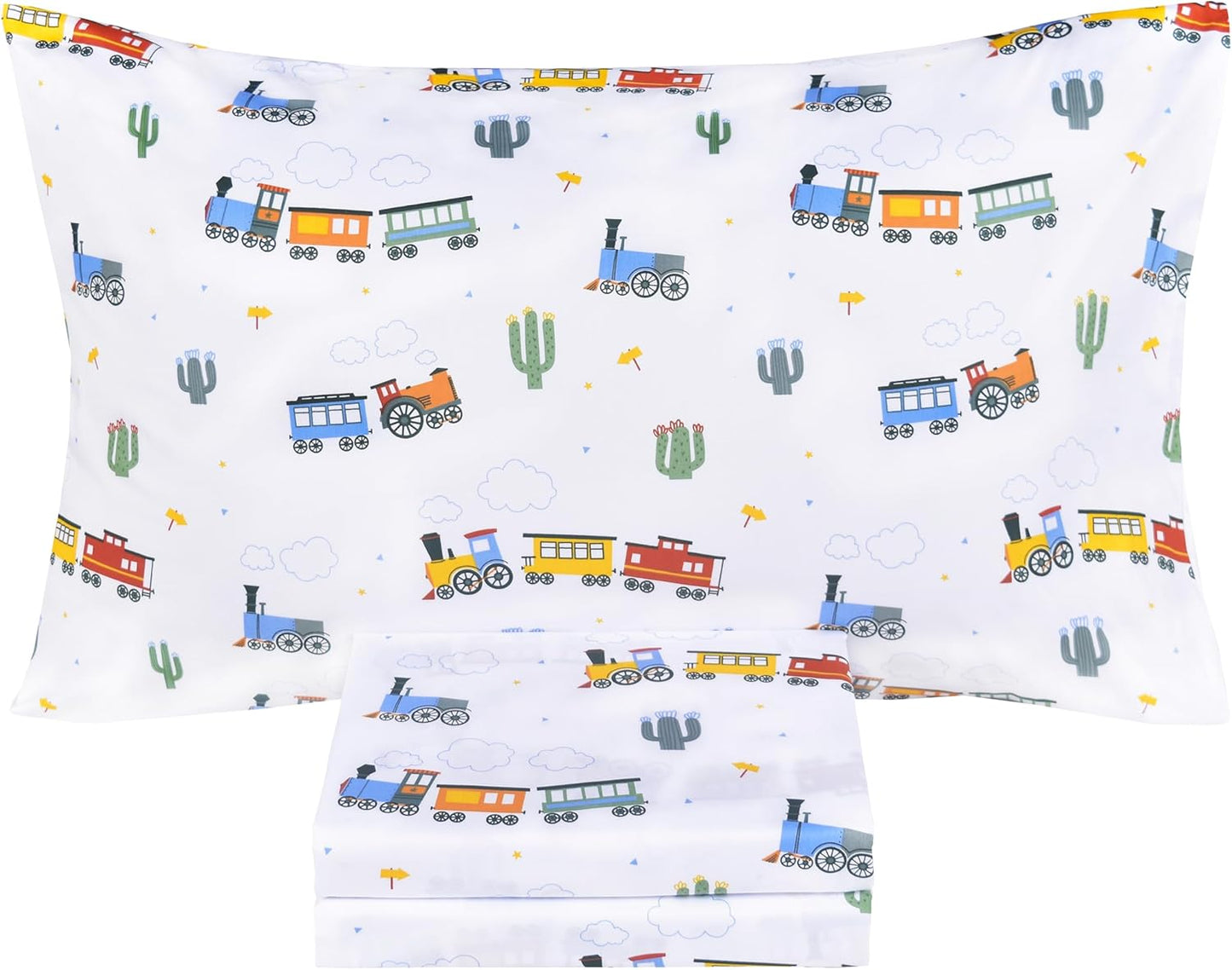 Scientific Sleep 100% Cozy Set, Set Little Train Cactus Cute Fun Cotton Twin Bed Sheet Flat Sheet & Fitted Sheet