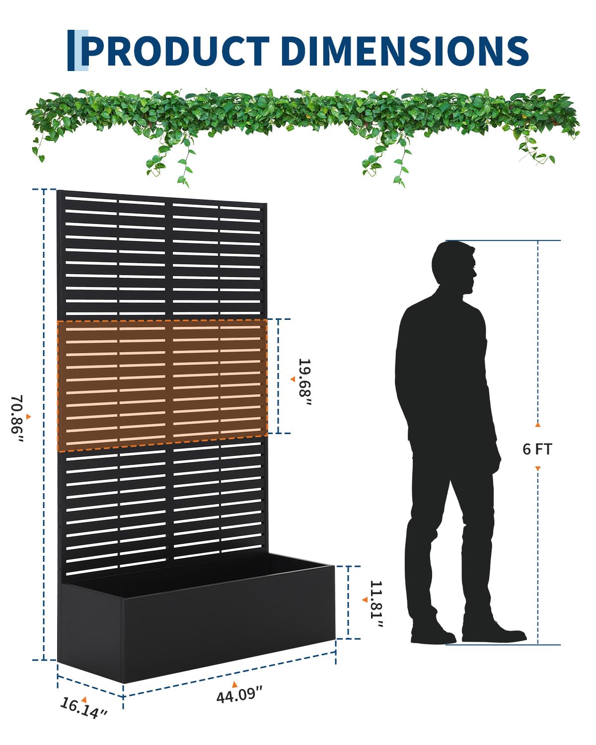 Metal Planter Box with Trellis, 71" H x 44" W x 16" D, Outdoor Raised Garden Bed with Privacy Screen & Drainage Holes, All-Weather Patio Planter for Climbing Plants, Vegetable, Vines, Louvered