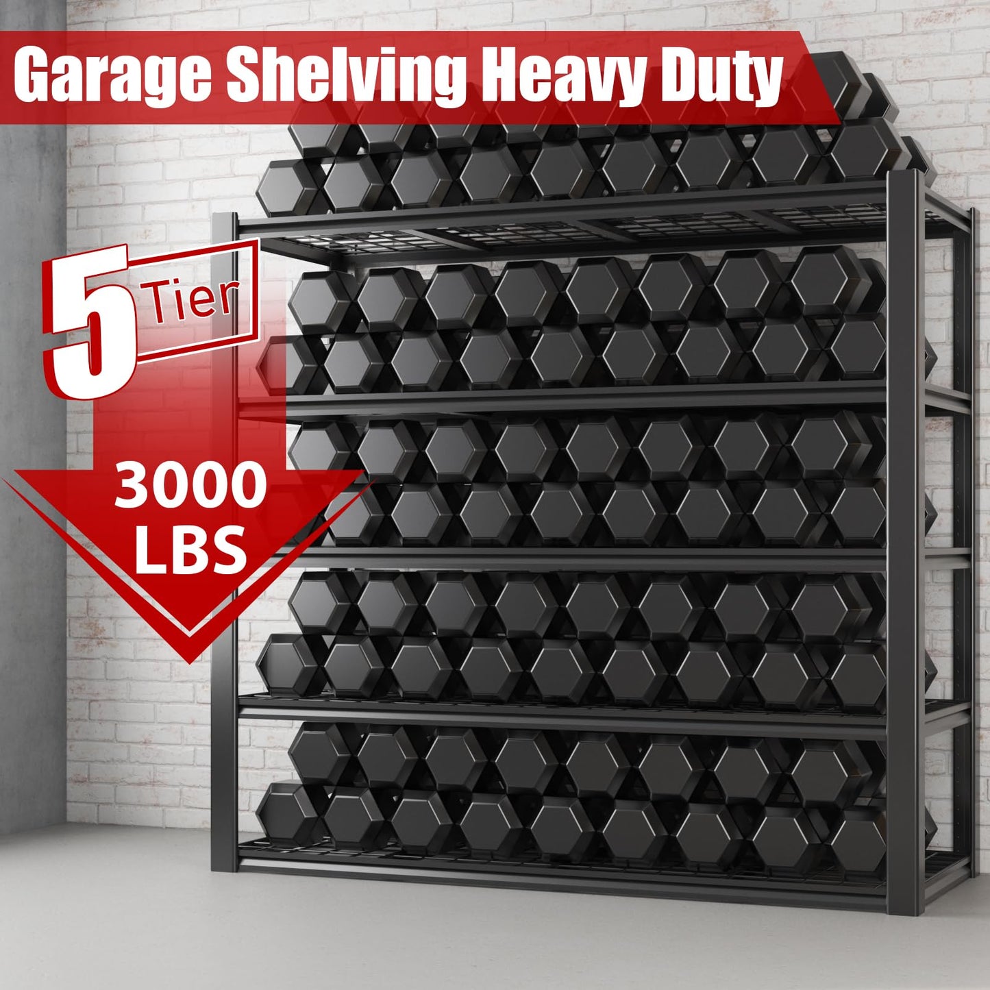 Homdox 3000LBS Heavy Duty Garage Shelving, 5 Tier Adjustable Storage Shelves, 60" W x 24" D x 72" H Metal Shelving Unit for Garage, Pantry, Basement, Black
