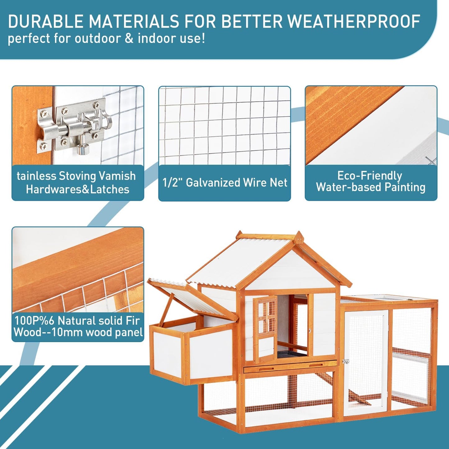 Chicken Coop Hen House Outdoor Poultry Cage with Large Nesting Box, 5 Lockable Doors Wooden Chicken House with Weatherproof Cover for Outdoor Backyard Farm, Orange