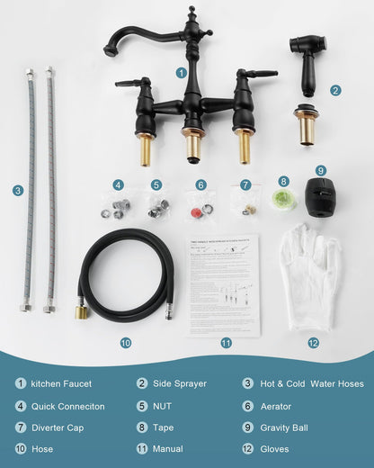 ALEASHA Bridge Centerset Kitchen Sink Faucet, Deck Mount Brass Kitchen Faucet with Side Sprayer, 2 Handle 4 Hole 360° Swivel Vintage Farmhouse Copper Faucet, Matte Black