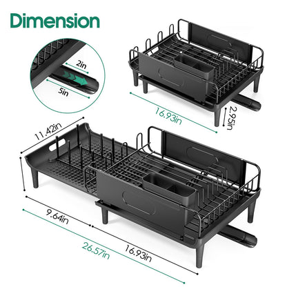 Large Extendable Dish Drying Rack, 16.93" to 26.57" Expandable Dish Rack for Kithen Counter, with Multifunctional Drainboard, Fits Any Sink, Heavy-Duty Steel Plate Drainer for Countertop Organization