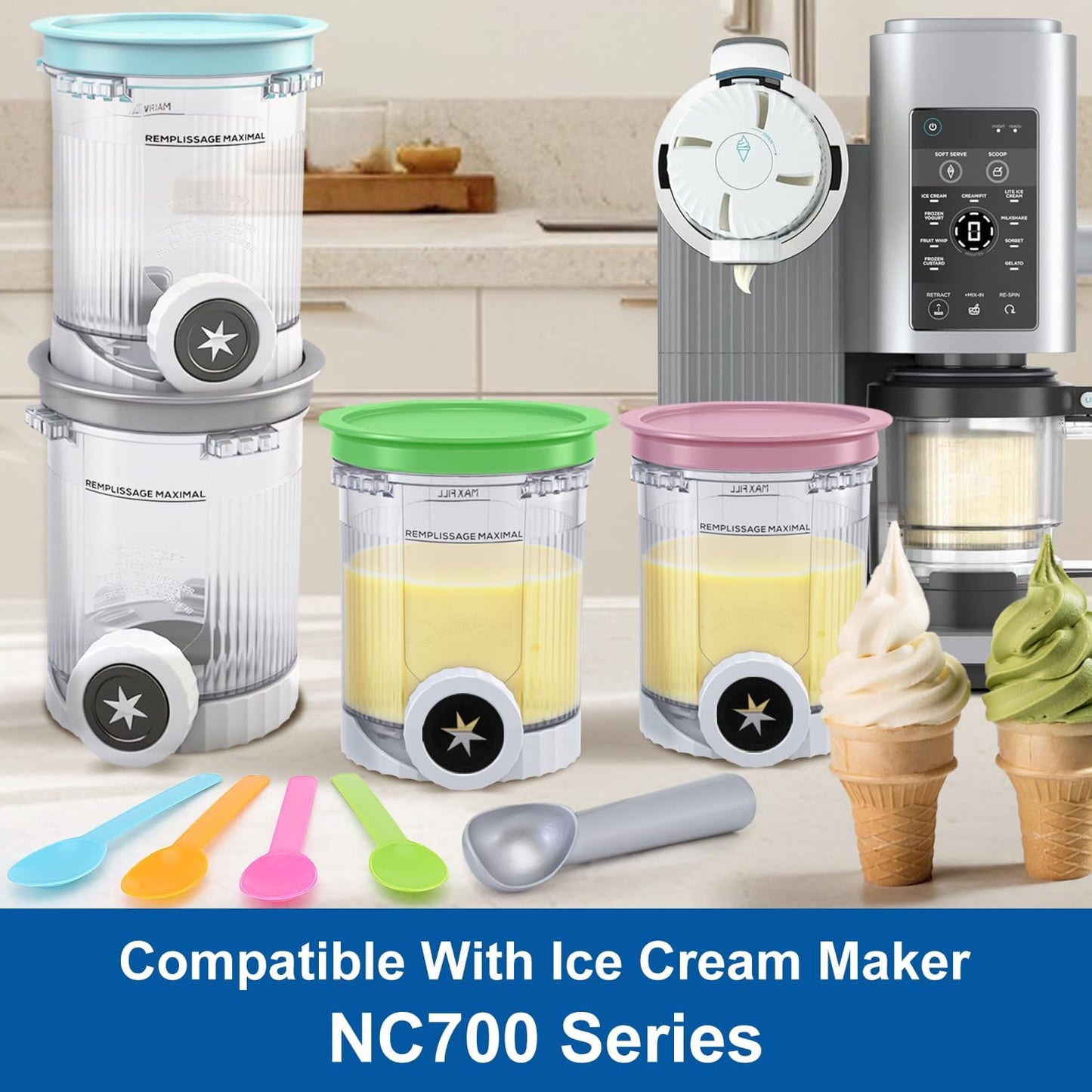 4 pack NC700 Creami Pints and Lids for Ninja Swirl, Creamy Icecream Containers Cups Jars Tubs Canisters Smoothie Pot