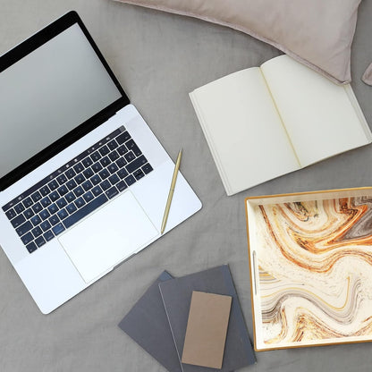 15.7"* 10.2"* 1.38" White Marbling Decorative Tray with Handles, Morden Plastic Rectangular Serving Tray for Coffee