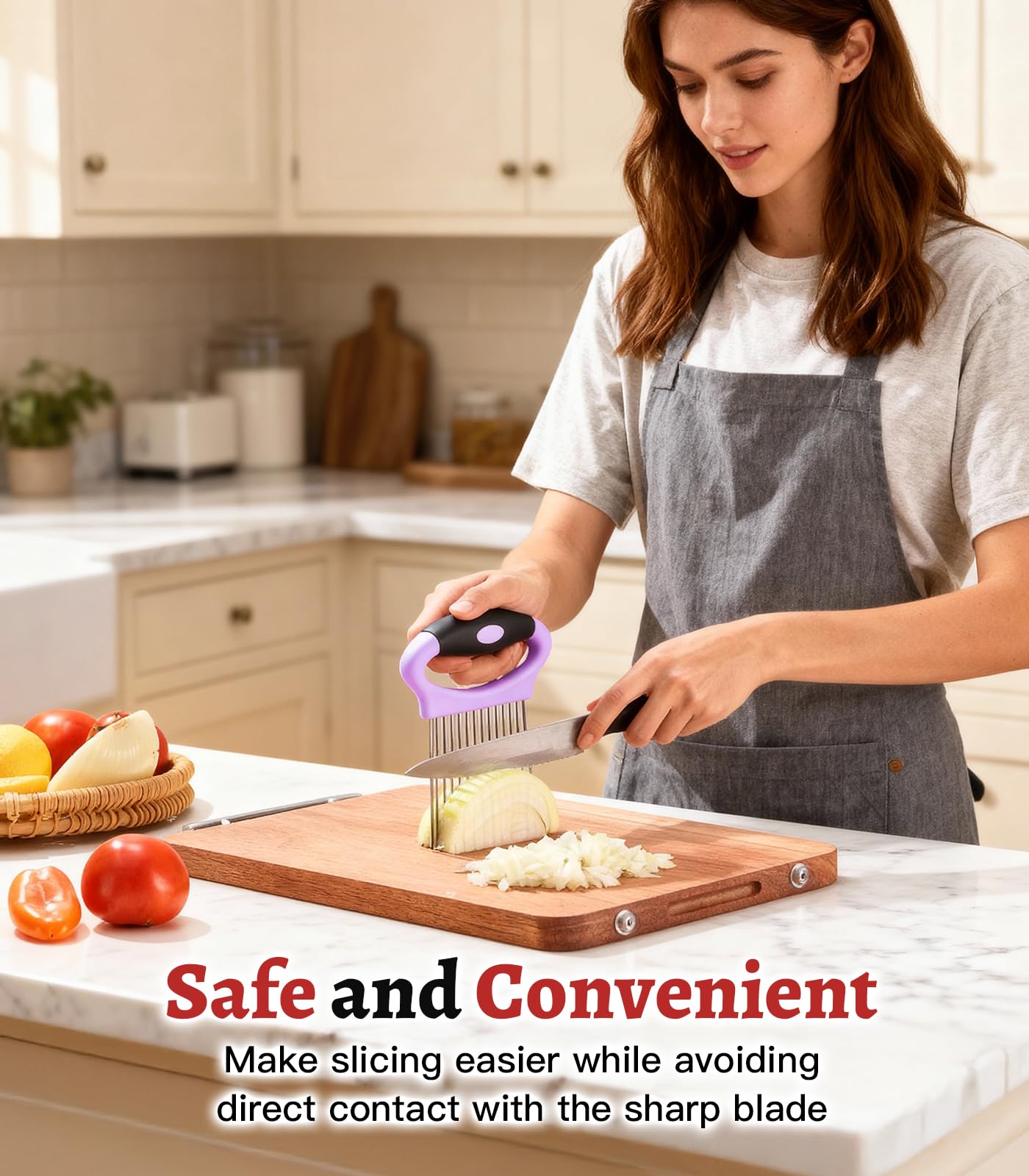 Large Onion Holder for Slicing, Stainless Steel Onion Slicer Holder with Protect Cover, Onion Cutter Vegetable Chopper for Slicing of Tomato Avocados, Cool Kitchen Gadgets