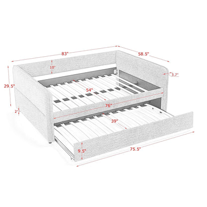 KEIKI Full Size Upholstery Tufted Daybed with Erectable Trundle, Full to King Design Modern Extendable Boucle Sofa Bed, Easy Assembly, No Box Spring Required, for Living Room and Bedroom, Beige