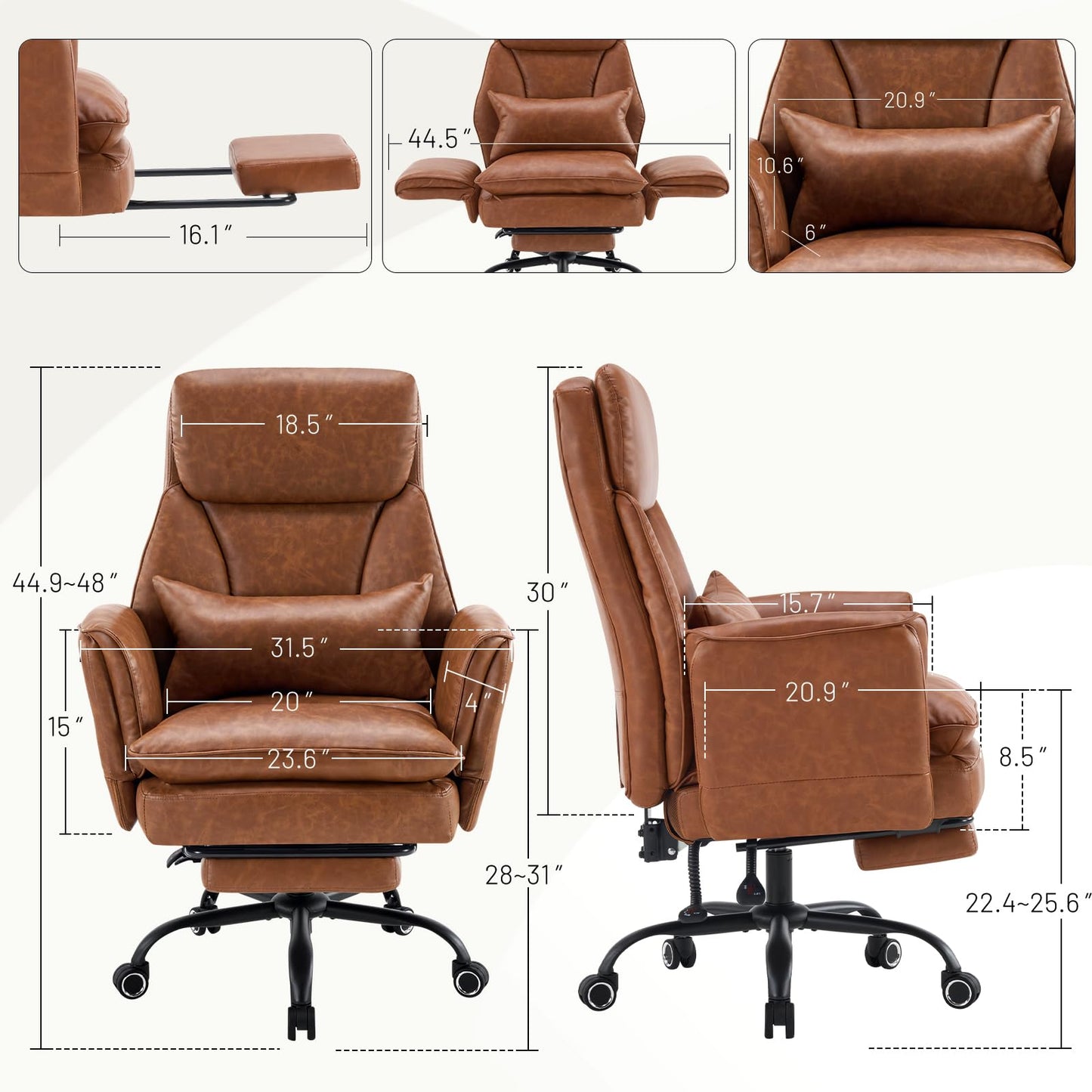 Furniliving Big and Tall Office Chair, Ergonomic Computer Desk Chair with Footrest, Wide Seat Reclining Gaming Chair, Flip Armrests for Cross Legged Sitting, Heavy Duty Support up to 400LBS, PU, Brown