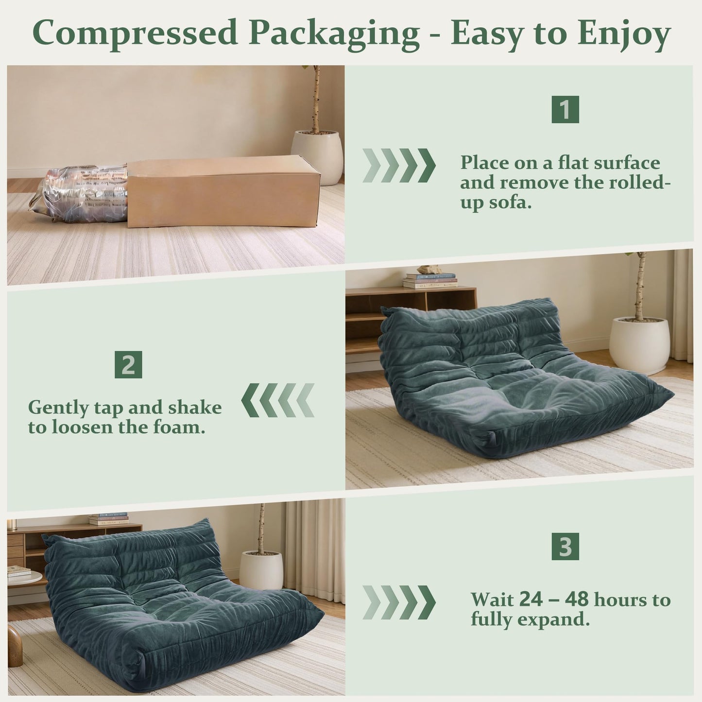 LineCrispton Bean Bag Chair for Adults – Loveseat Memory Foam Chair with Luxury Fabric, Compressed Sofa in a Box for Living Room, Bedroom & Home Office (Dark Green)