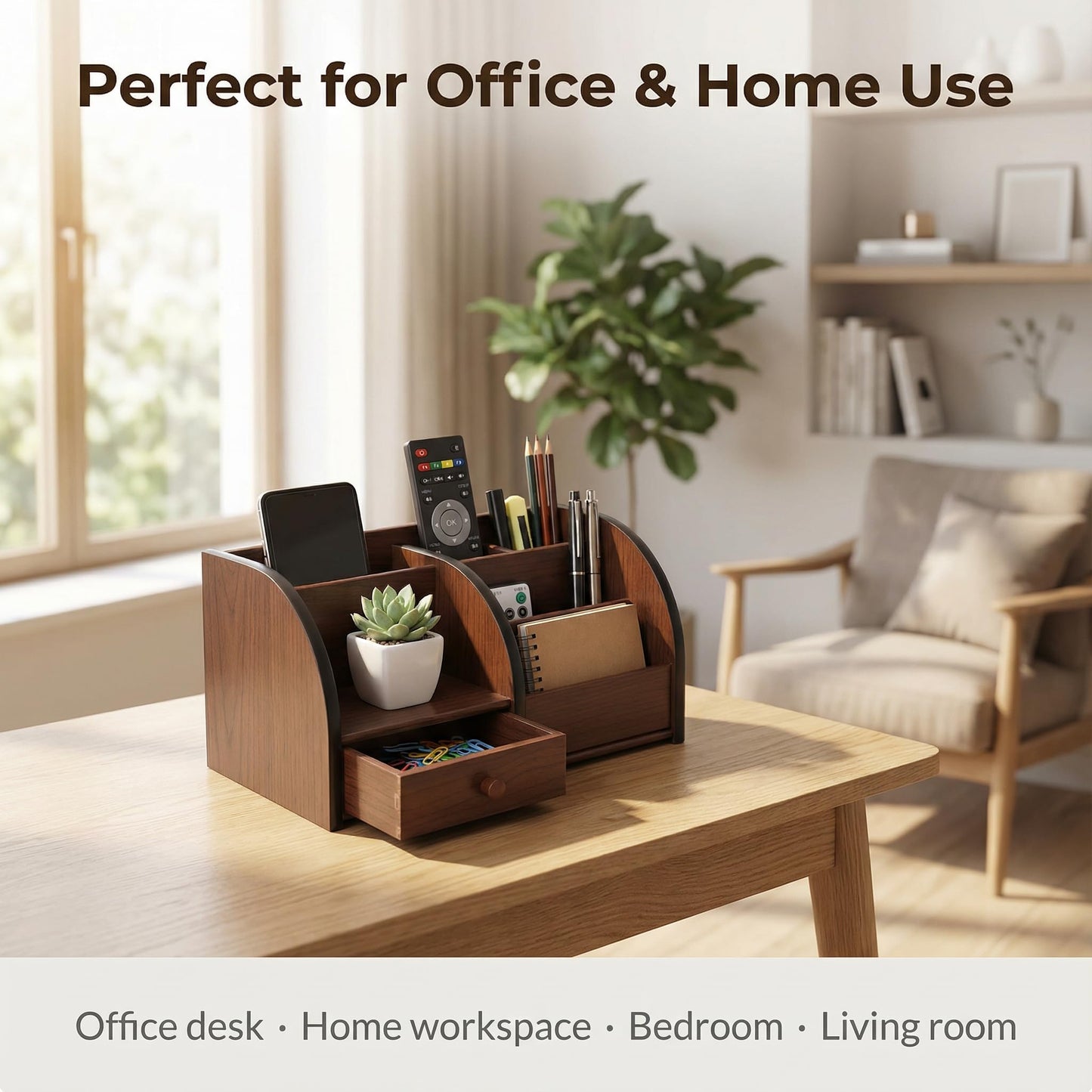 YIKATEND Wooden Desk Organizer with Drawer, Multi-Compartment Desktop Storage for Office Supplies, Remote Control, Phone, Makeup & Accessories