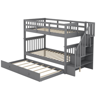 Merax Twin-Over-Twin Bunk Bed with Twin Size Trundle, Soild Wood Stairway Bunk Bed with Storage and Guard Rail for Teens, Adults, Gray