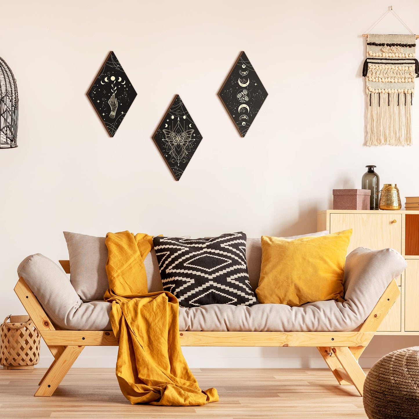 Ferraycle 3 Pcs Rustic Boho Wall Decor Moon Phases Butterfly Wall Art Stars Moon Decor Minimalist Room Decoration Wooden Gothic Witchy Pediments Hanging Sign for Home(9.5 x 16.1 Inch,Black, Gold)