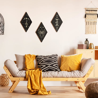 Ferraycle 3 Pcs Rustic Boho Wall Decor Moon Phases Butterfly Wall Art Stars Moon Decor Minimalist Room Decoration Wooden Gothic Witchy Pediments Hanging Sign for Home(9.5 x 16.1 Inch,Black, Gold)