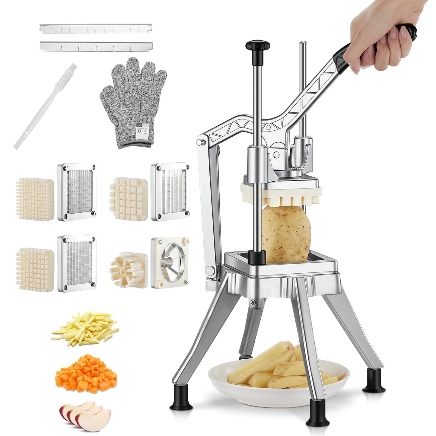 FOHRER Commercial Vegetable Chopper French Fry Cutter – Heavy Duty Potato Dicer with 4 Stainless Steel Blades (1/4", 3/8", 1/2", 6-Wedge) for Restaurant, Food Truck & Commercial Kitchen Prep