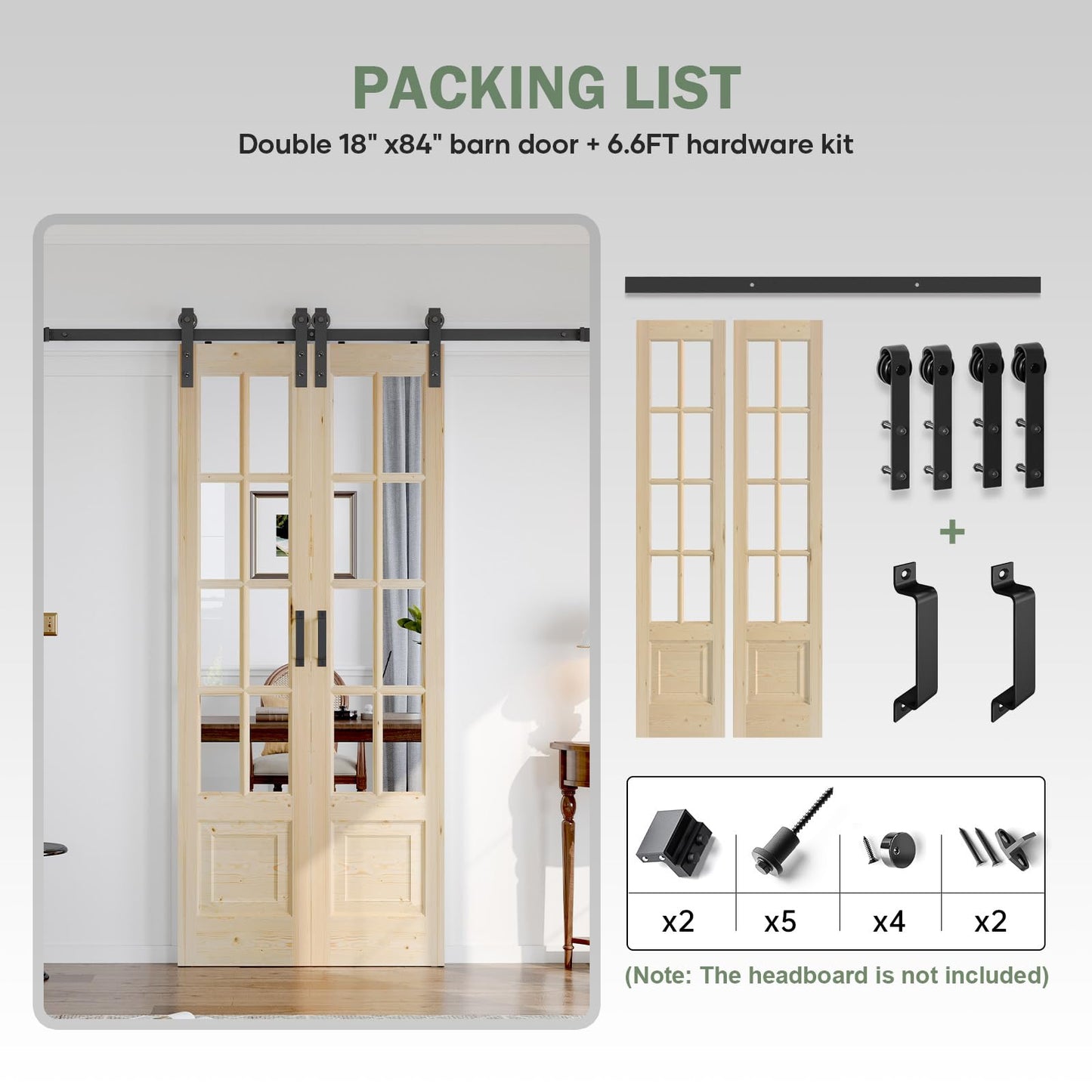 Roymelo Preassembled 36x84 (Double 18x84) Inch Clear Glass French Interior Door with 6.6Ft Barn Door Hardware Kit Included, Spruce Wood Support DIY Dyeing, Easy Assembly