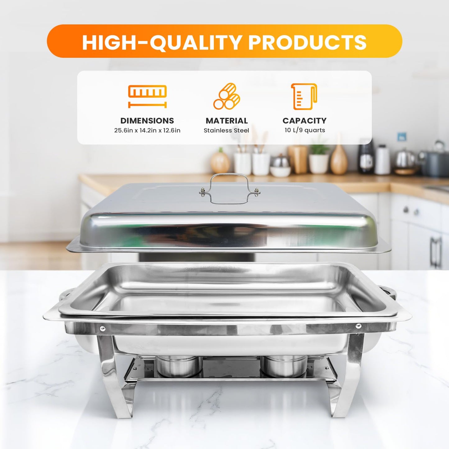 POWERFUEL Chafing Dishes for Buffet, 4 Pack 9QT Rectangular Stainless Steel Chafing Dishes Set with with 4 Serving Tongs, Serving Tray, Water Pan, Stand, Fuel Holder for Party, Gathering, Wedding